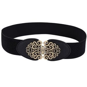 Elastic Leather Gold Swirl Detail Buckle Wide Belt